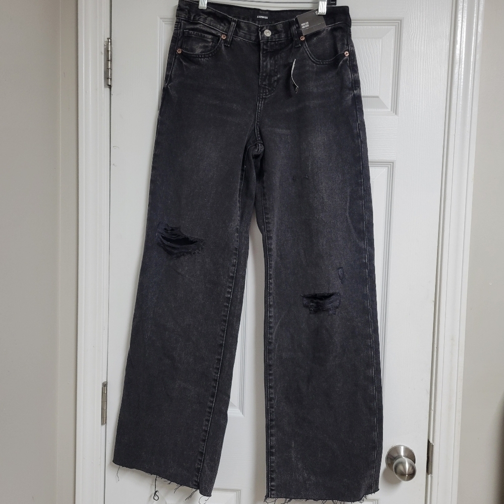Express NWT Distressed Mid Rise Wide Leg Dark Washed Women's Jeans